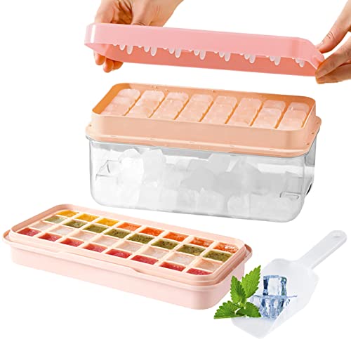 BOOWEN Eiswürfelbehälter Mit Deckel Silikon Eiswürfelschale Groß Eiswürfelform 32 Ice Cube Trays für Whisky, Cocktails, Kaffee, Gelee und Babynahrung (mit Eisbox, Eisschaufel und Eis Tablett) (Rosa) von BOOWEN