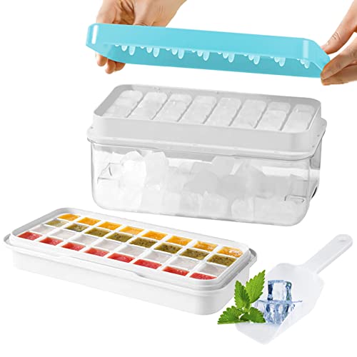 BOOWEN Eiswürfelbehälter Mit Deckel Silikon Eiswürfelschale Groß Eiswürfelform 32 Ice Cube Trays für Whisky, Cocktails, Kaffee, Gelee und Babynahrung (mit Eisbox, Eisschaufel und Eis Tablett) (Blau) von BOOWEN