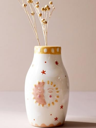 BOOXMIMI Boho Vasen Deko mit lächelndem Sonnen und Mond Design rosa und weiße Keramik blumenvase modern für Pampasgras beige matt ästhetisch perfekte Dekoration für jedes Zuhause von BOOXMIMI