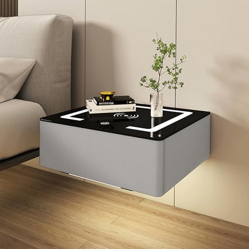 BOOZXCV Moderner schwebender Nachttisch mit Schublade, wandmontiertem Nachttisch und Ladestation Intelligentes Design mit automatischem Sensorlicht Hellgrau, ideal für Wohn (40cm) von BOOZXCV