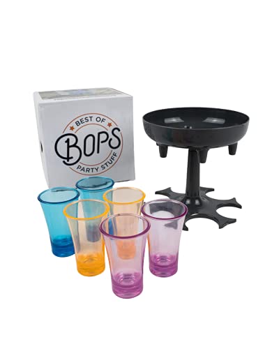 BOPS® - Schnapsglasspender für 6 Personen inklusive mehrfarbiger Gläser - Shot Verteiler Trinkspiel Ausgießer inklusive Verschlussstopfen (Grau) von BOPS