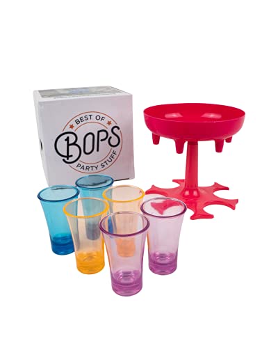 BOPS® - Schnapsglasspender für 6 Personen inklusive mehrfarbiger Gläser - Shot Verteiler Trinkspiel Ausgießer inklusive Verschlussstopfen (Pink) von BOPS