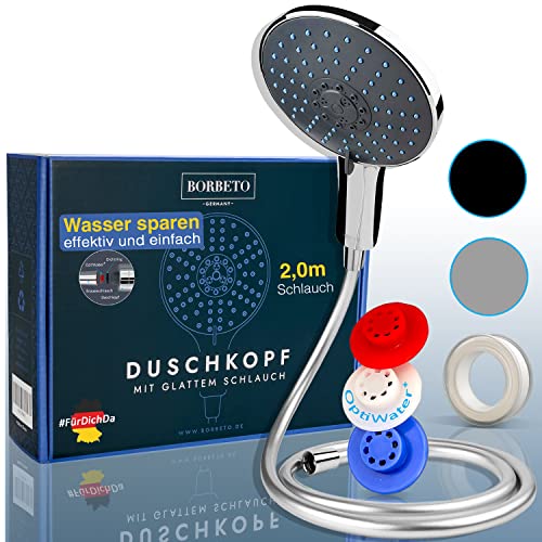 BORBETO® Duschkopf Relaxx7 Chrom Blau – Inklusive glattem [2,0m] Schlauch – Sieben [7] Wohlfühlprogramme – [150mm] Regendusche – EasyClean Düsen im Brausekopf – Wassersparende Duschbrause … von BORBETO