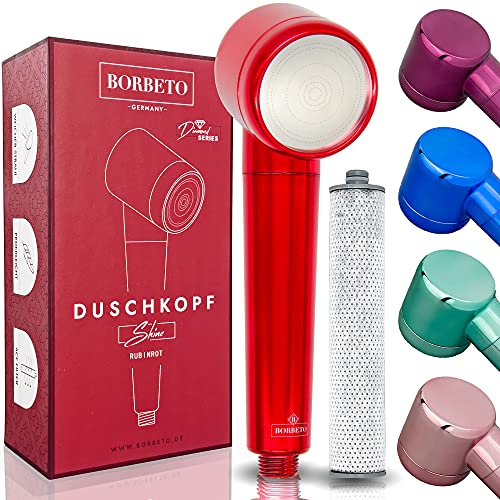 BORBETO® Duschkopf Shine RUBINROT – sanfter & reiner Wasserstrahl optimal für Haut & Haare durch Mikrodüsen & hochwertigem Wasserfilter – Wassersparende Handbrause – moderner Brausekopf von BORBETO