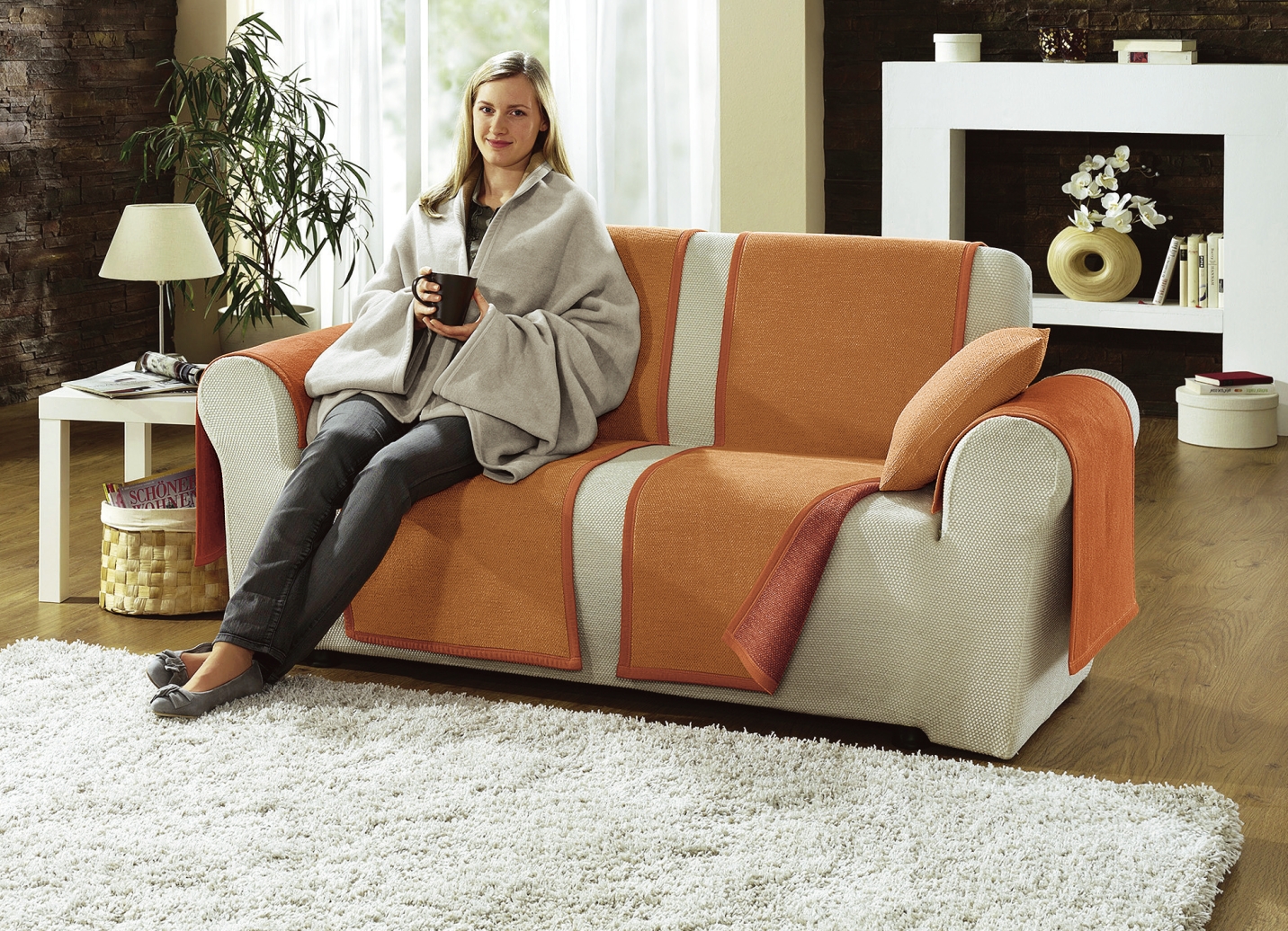 Sessel-,Couch- und Armlehnenschoner mit Veloursbandeinfassung, Größe 900 (2x 50x200 cm + 2x 50x75 cm), Terra von BORBO