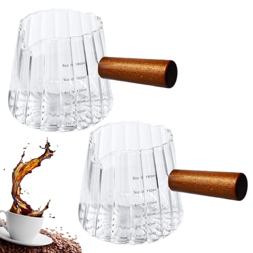 2 Stück 180ml Espresso Messbecher Glas mit Holzgriff, Espressotassen, Glas Messbecher, Messbecher, Espresso Gläser Messbecher mit Doppelter Skala, Mini Espressotasse für Kaffee Milch Cappuccino Tee von BORDEAG