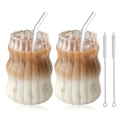 2er Set Gerippte Trinkgläser, Getränkegläser, Espressotassen Latte Macchiato Gläser Set Kaffeetassen Cappuccino Tassen Mit 2 Straws, 2 Strohbürste Für Cappuccino, Latte, Tee, Kaffee, Milch, Saft 530ml von BORDEAG