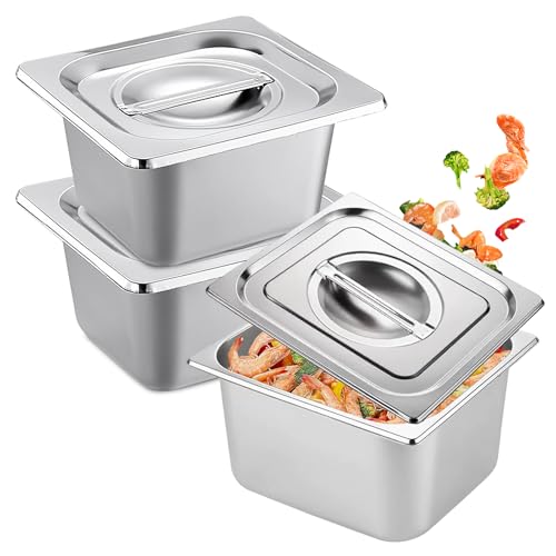 3 Stück Gastronormbehälter Edelstahl Panierschalen Panier-Set mit Deckel, Panierstraße Rechteckig, Behälter für die Küche, Stapelbar Panierset, 1/6 Größe 17.5x16.5x10 cm Tiefe Pfannen mit Deckel von BORDEAG