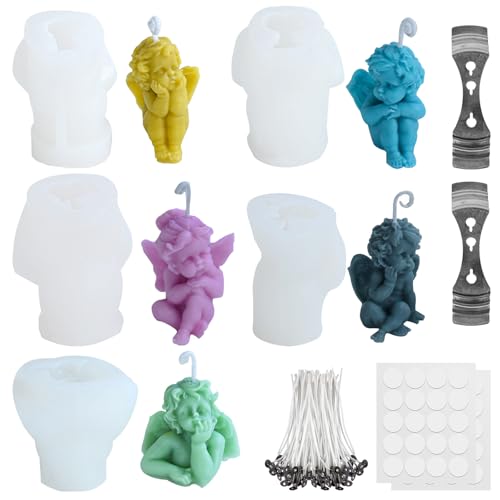 5 Stück Kerzenform Silikon, 3D Engel Kerzenformen Zum Gießen, Engel Silikonformen Kerzen, Kerzen Selber Machen Set, Silikonformen Gießformen, Engel Kerzen Formen Silikonform mit Kerzendocht Set von BORDEAG