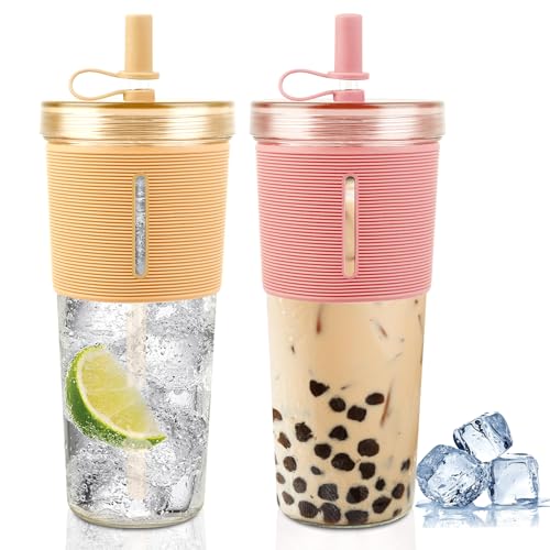 710ml Trinkbecher mit Deckel und Strohhalm, 2 Stück Doppelwandig Isolierte Plastikbecher, Wiederverwendbare Becher mit Deckel und Strohhlam, für Smoothie Becher, Bubble Tea Becher, Eiskaffee Becher von BORDEAG