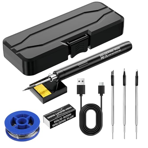 Akku Lötkolben Set, USB Akku Lötkolben mit LCD, Lötkolben Akku mit 3 Temperatur Einstellbare 330 ℃-450 ℃, 3 Lötspitzen, Lötkolbenständer, Lötdraht, Professionelles Sicheres Komplettes Lötkolben von BORDEAG