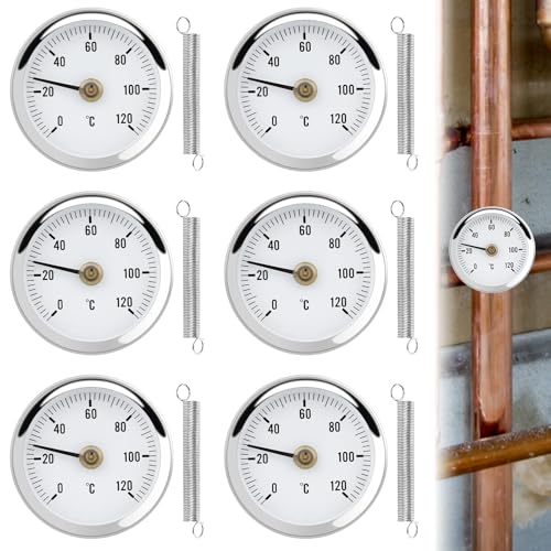 Anlegethermometer Heizungsrohr, 6 Stück Rohrthermometer, Temperaturanzeige mit Clip-On Feder, Zeigerthermometer 0-120 °C 63 mm Rohr Thermometer von BORDEAG
