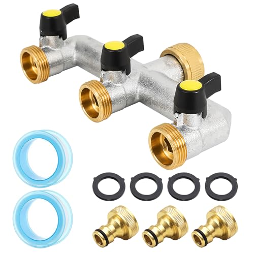BORDEAG 3-Wege Wasserverteiler,3-Wege-Verteiler Aus Messing Mit 2 Rohmaterialbänder Und 3 PCS 3/4 Zoll Wasserauslass,3-Wege Verteiler Wasser,3-Wege-Wasserverteiler Für Garten Bewässerun von BORDEAG