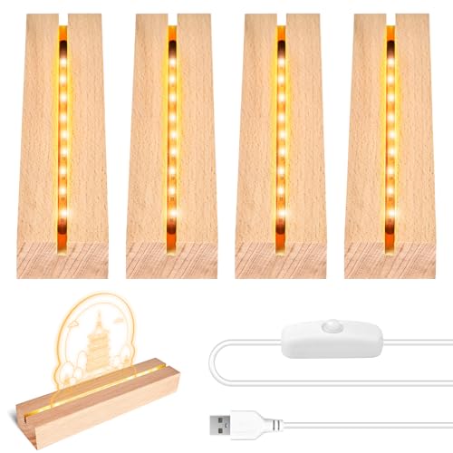 BORDEAG 4 Stück LED Lichter Display Basis, LED Sockel, Holz LED Lichtsockel, Leuchtsockel mit USB-Kabel, Rechteckig Holzbeleuchtung Basis Stand für 3mm Dicke DIY Acrylplatte Glas Platte Harz Kunst von BORDEAG