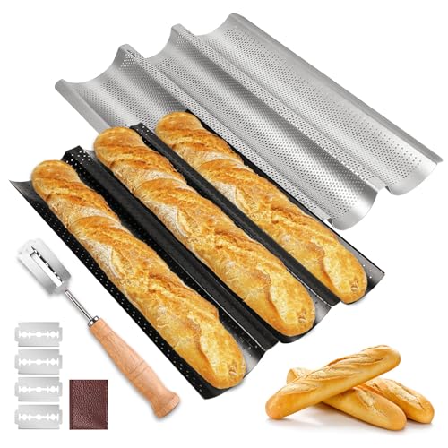 Baguette Backform, 2er Set Baguetteblech für 3 Baguettes mit Bäckermesser, Antihaftbeschichtung Baguette-Backblech, Baguette Blech, Brot Backen Zubehör, 38x24cm von BORDEAG