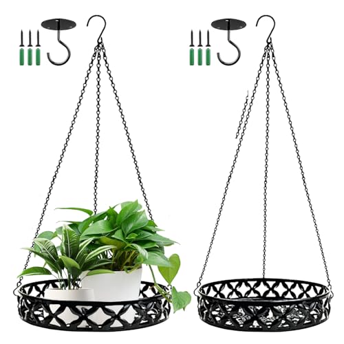 BORDEAG Hängende Pflanzgefäße,2 Stück Hängende Blumenampel Mit Deckenhaken,Hängekette,Pflanzenaufhänger Aus Metall,Blumentopf Hängend Schwarz Für Innen,Außen,Pflanzen(22CM,25CM) von BORDEAG