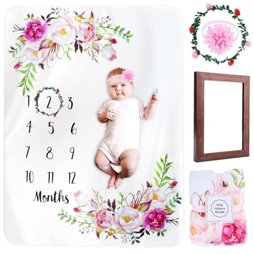 BORDEAG Meilensteindecke Baby Monats Decke, Babydecke Mit Blumenmuster, Monatsdecke Baby Junge & Mädchen, Babydecke Mit Monat Als Geschenk Zur Geburt 130x100cm von BORDEAG