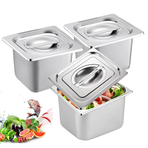 BORDEAG Set 3-teilig GN Behälter 1/6 Edelstahl mit Deckel – Höhe 10cm – Gastro Behälter für Lebensmittelaufbewahrung, Dämpfen oder als Einsatz im Chafing Dish von BORDEAG