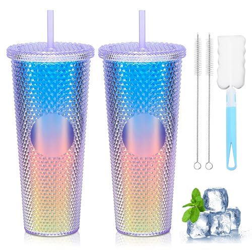 Trinkbecher mit Deckel und Strohhalm 710 ml, 2 Stück Thermobecher mit Strohhalm, Nieten Becher mit Deckel Und Strohhalm, Wasserbecher mit Großem Fassungsvermögen mit Topfbürste von BORDEAG