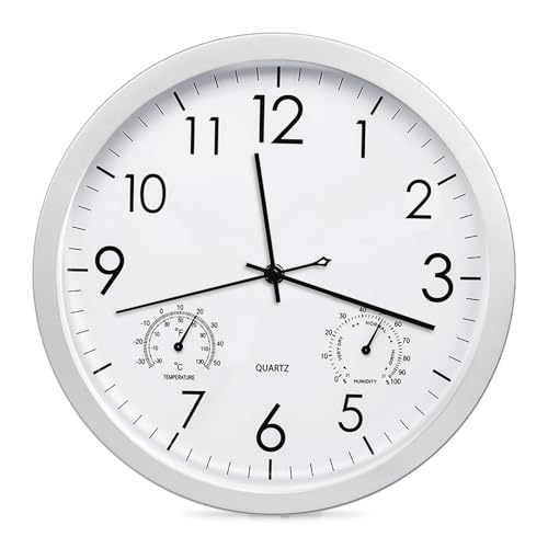 BORDEAG Wanduhr Ohne Tickgeräusche: 1 Stück Temperatur und Luftfeuchtigkeit Funk-Wanduhr, Moderne Küchenuhr, Große Wanduhr für Wohnzimmer Küche Zuhause Schlafzimmer Büro (Weiß) von BORDEAG