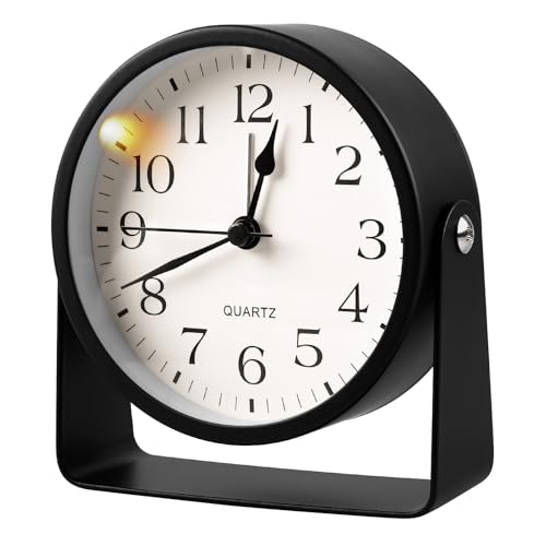 BORDEAG Wecker Analog - Wecker Ohne Ticken mit Nachtlichtfunktion, Metall Wecker mit 360° Drehbarer, Lauter Alarm Geräuschlos, Batteriebetrieben, Tischuhr für Bürobereich Schlafzimmer Reisen(Schwarz) von BORDEAG