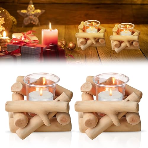 Bordeag 2er Set Treibholz Kerzenständer Deko, Teelichthalter Holz, Kerzenhalter Vintage Rustikale Kerzenständer Holz Driften Hölzerne Teelicht Mit Glas Tasse Für Wohnzimmer Hochzeit Esstisch Tischdeko von BORDEAG