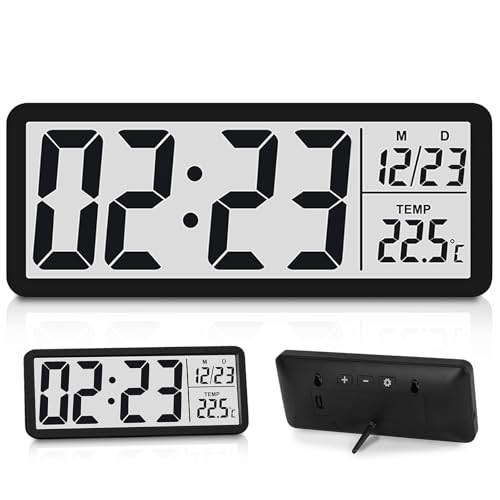 Digitale Wanduhr Mit Ziffern, Temperatur, Datum, LCD Anzeige - Batteriebetrieben Für Wohnzimmer, Schlafzimmer, Büro - 12/24 Std (20.2 X 8 X 2 cm) von BORDEAG