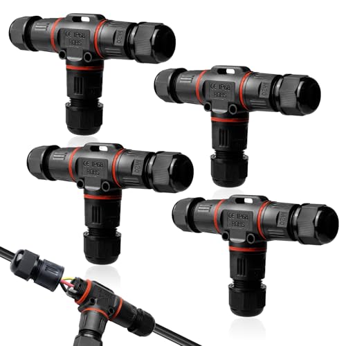 Kabelverbinder Wasserdicht 3 Polig, 4 Stück Kabelverbinder Wasserdicht IP68, Wasserdicht Kabelverbinder, T-Form Verteilerdose Klemmdose, Erdkabel Verbinder für Ø3-12 mm, Wasserdichte Klemmleiste von BORDEAG