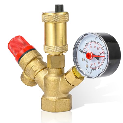Kesselsicherheitsgruppe Sicherheitsgruppe Warmwasserspeicher mit Manometer, Überdruckventil Boiler DN25 (1") Schnellentlüfter Sicherheitsventil für Heizungsanlage Heizung, Weiblich von BORDEAG