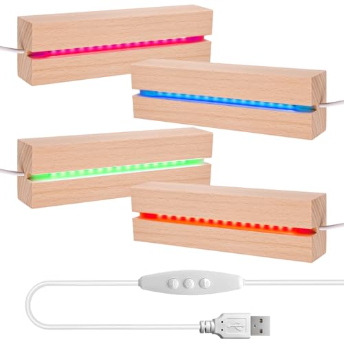 LED Sockel Holz, 4 Stück LED Lichtsockel USB, 7 Farben Rechteckige LED Holzaufsteller, USB Lichtsockel Ornamente, LED Sockel für Acrylglas, LED Display Basis für Glasblock, Kristalle (7 Farben) von BORDEAG