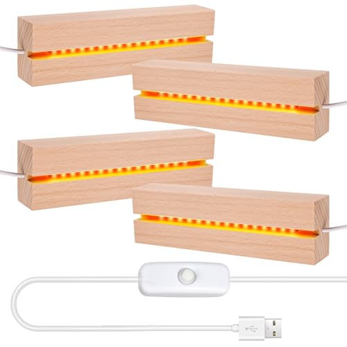LED Sockel Holz, 4 Stück USB Lichtsockel, Rechteckige Holzaufsteller, Ornamente, Sockel für Acrylglas, Display Basis für Acrylplatte Kristallglasplatte (15cm, Warmweiß) von BORDEAG