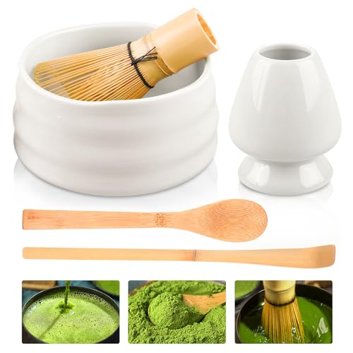 Matcha Set, 5-Teiliges Matcha Besen Set, Matcha Tee Set mit Matcha Besen, Matcha Schale aus Keramik, Matcha Löffel Matcha Zubehör, Geschenkbox-Verpackung (Weiß) von BORDEAG