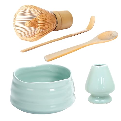 Matcha Set 5-Teilige mit Matcha Schale aus Keramik, Besen, Besenhalter, Schöpflöffel, Teelöffel, Geschenkbox Verpackung, Handgefertigtes Matcha Tee Set für Japanische Teezeremonie (GrünCyan) von BORDEAG
