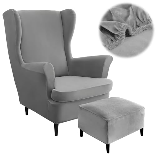 Ohrensessel Überzug: 3-Teilig Dunkelgrauer Samt, Stretch Elastisch, Schutz Und Komfort, Für Wohnzimmer (Rückenlehne 95-100 Cm/78-85 Cm, Stuhlbreite 84-90 Cm) von BORDEAG