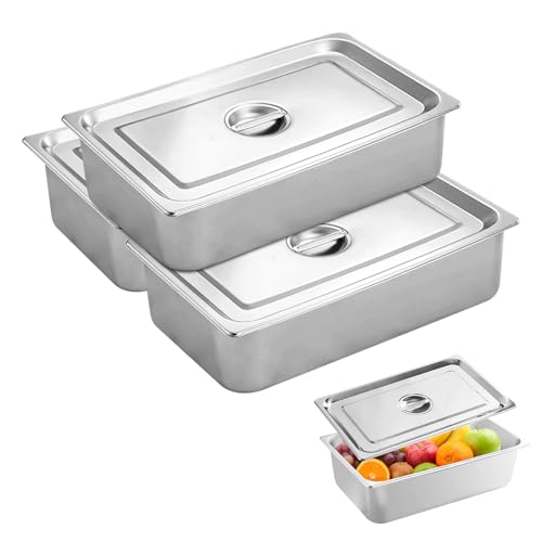 Panierschalen Set 3-Teilig, Edelstahl Behälter mit Deckel, 32.5 X 17.5 X 6.5 Cm, Rechteckig Gastro Behälter, Platzsparend Stapelbar, Panierschalen Set für Koteletts, Fleisch Fisch von BORDEAG
