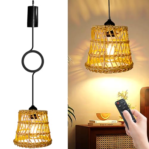 Rattan Hängelampe mit Batterie, Boho Lampe Hängeleuchte mit Fernbedienung, Tragbare Boho Rattan Lampenschirm Pendelleuchte, Batteriebetriebene, Boho Hängelampe für Patio Bar Garten-ohne Stromanschluss von BORDEAG