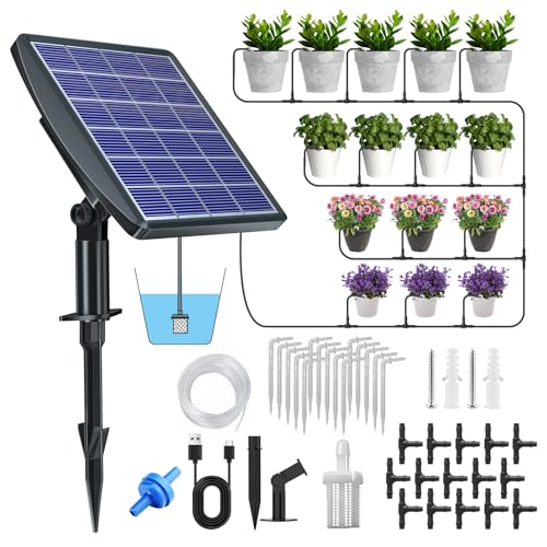 Solar Bewässerungssystem Set, Automatische Bewässerung für Garten, Automatisches Tröpfchenbewässerung System mit 15 M Schlauch,15 Töpfe, Selbstbewässerungsgeräte mit Timer, für Kübelpflanzen im Freien von BORDEAG