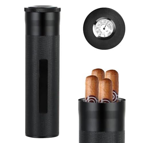 Tragbare Zigarren Humidor, Zigarren-Etui mit Hygrometer, Reise Zigarrenetui, Zigarren Etuis Röhre für 3 bis 4 Zigarren, Humidor Zigarren Edelstahl, Geschenk für Liebhaber Zigarrenliebhaber (Black) von BORDEAG