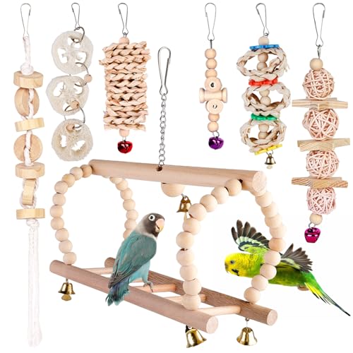 Vogelspielzeug Wellensittich Spielzeug Vogelkäfig Zubehör: 7 Stück Papageienspielzeug Holz, Wellensittich Schaukel mit Glocke, Vogel Spielzeug für Wellensittiche Papageien Sittiche Nymphensittiche Vogelspielzeug Wellensittich Spielzeug Vogelkäfig Zubehör: 7 Stück Papageienspielzeug Holz, Wellensittich Schaukel mit Glocke, Vogel Spielzeug für Wellensittiche Papageien Sittiche Nymphensittiche von BORDEAG
