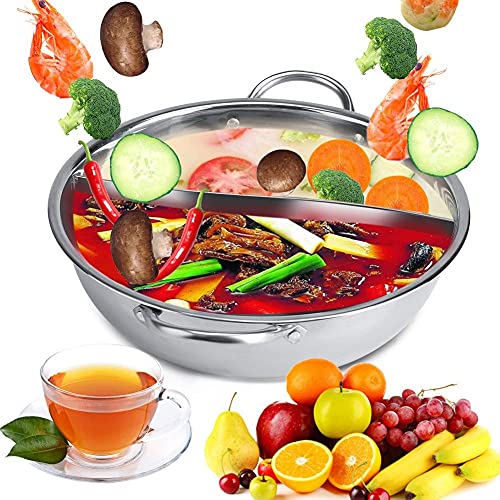 BORDSTRACT Hot Pot Topf, 28-32CM Edelstahl 2 Kammern Dualer Hot Pot Doppelgriff Kochgeschirr Hot Pot mit Trennwand für Induktionsherd Gasherd Elektroherd oder Cerankochfeld (30cm) von BORDSTRACT