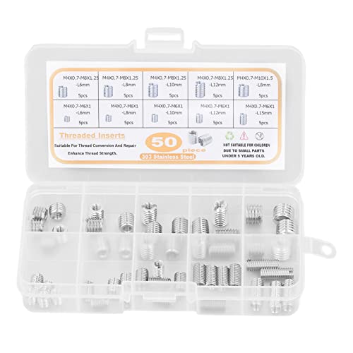 Gewindeeinsätze, 50pcs 303 Edelstahlgewinde -Einsatz -Sortiment -Kit mit Aufbewahrungsbox für Möbelautomobilteile (Silber) von BORDSTRACT