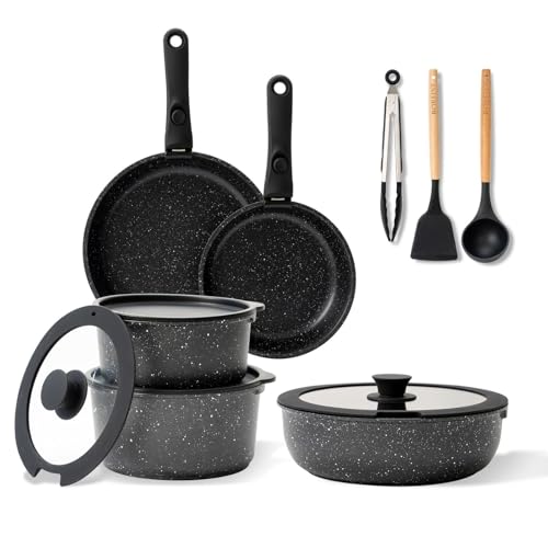 BOREINE Kochgeschirr Set Induktion 14-teilig – Pfannenset & Topfset Antihaft, abnehmbarer Griff, PFOA/PFAS-frei, kompatibel mit allen Herdarten (Induktion, Gas, Glaskeramik) & Backofen – Schwarz von BOREINE