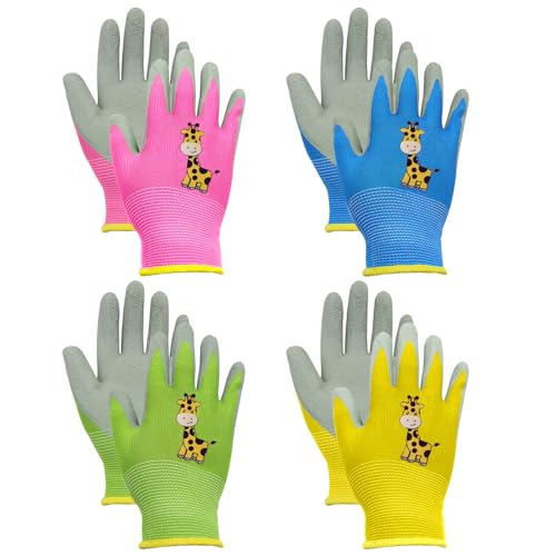 BORISCA 4 Paar Gartenhandschuhe Kinder, Arbeitshandschuhe Kinder mit Giraffenmuster in 4 Farben, Niedliche kinderhandschuhe Garten Verschleißfeste Rutschfeste Schutzhandschuhe für 3-5 Jahre kinder von BORISCA