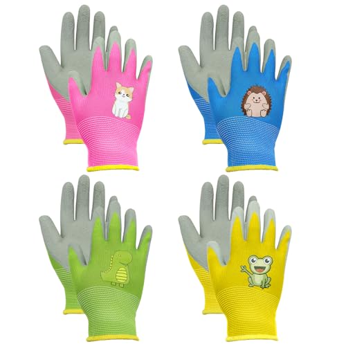 BORISCA 4 Paar Gartenhandschuhe Kinder, 4 Farben und Muster Arbeitshandschuhe Kinder Cartoon, Niedliche kinderhandschuhe Garten Verschleißfeste Rutschfeste Schutzhandschuhe für 3-5 Jahre kinder von BORISCA