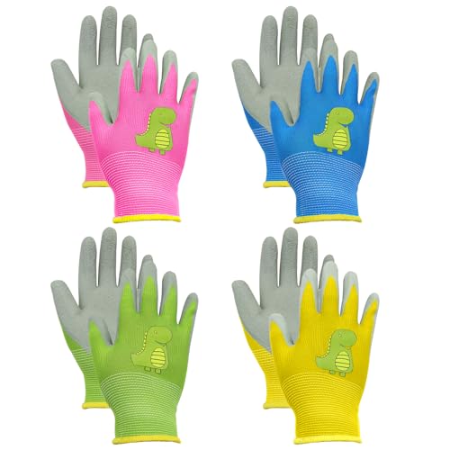 BORISCA 4 Paar Gartenhandschuhe Kinder, Arbeitshandschuhe Kinder mit Dinosauriermuster in 4 Farben, Niedliche kinderhandschuhe Garten Verschleißfeste Rutschfeste Schutzhandschuhe für 3-5 Jahre kinder von BORISCA