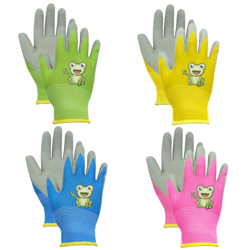 BORISCA 4 Paar Gartenhandschuhe Kinder, 4 Farben Arbeitshandschuhe Kinder Cartoon, Niedliche Frösche kinderhandschuhe Garten Verschleißfeste Rutschfeste Schutzhandschuhe für 5-7 Jahre kinder von BORISCA
