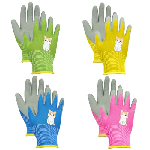 BORISCA 4 Paar Gartenhandschuhe Kinder, 4 Farben Arbeitshandschuhe Kinder Cartoon, Niedliche Katze kinderhandschuhe Garten Verschleißfeste Rutschfeste Schutzhandschuhe für 7-10 Jahre kinder von BORISCA