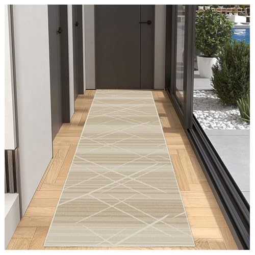 BORKOY Beiger Teppichläufer Flur Küche 90x600cm Modern Waschbar rutschfest, Küchenläufer Korridor Teppich mit Geometrisch Design | Meterware für Essbereich Schlafzimmer Büro Türvorleger von BORKOY