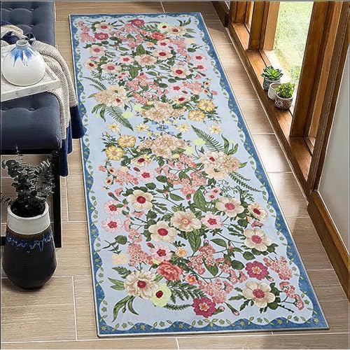 BORKOY Blau,50x60cm, Blumiger Läufer Teppich Lang Flur Küche Blumenmuster Vintage rutschfest Waschbar Flurteppich Korridor Teppichläufer Kücheläufer Schlafzimmer Wohnzimmer Meterware Anpassbar von BORKOY