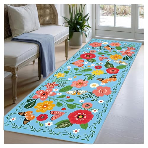 BORKOY Blauer Flurläufer Extra Lang 40x150cm mit Blumenmuster, Rutschfester Küchenteppich Waschbar, Teppichläufer für Küche Korridor Schlafzimmer Eingangsbereich Büro, Weicher Dünner Flor, Meterware von BORKOY
